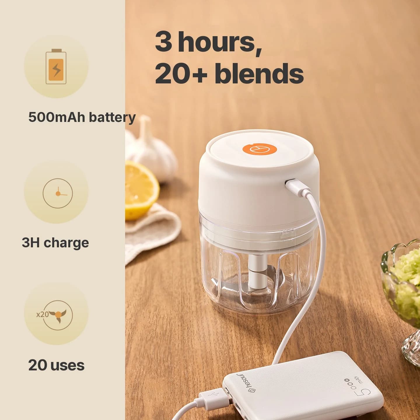Бездротова електрична чашка-подрібнювач часнику 250mL 5V 30W, пластик