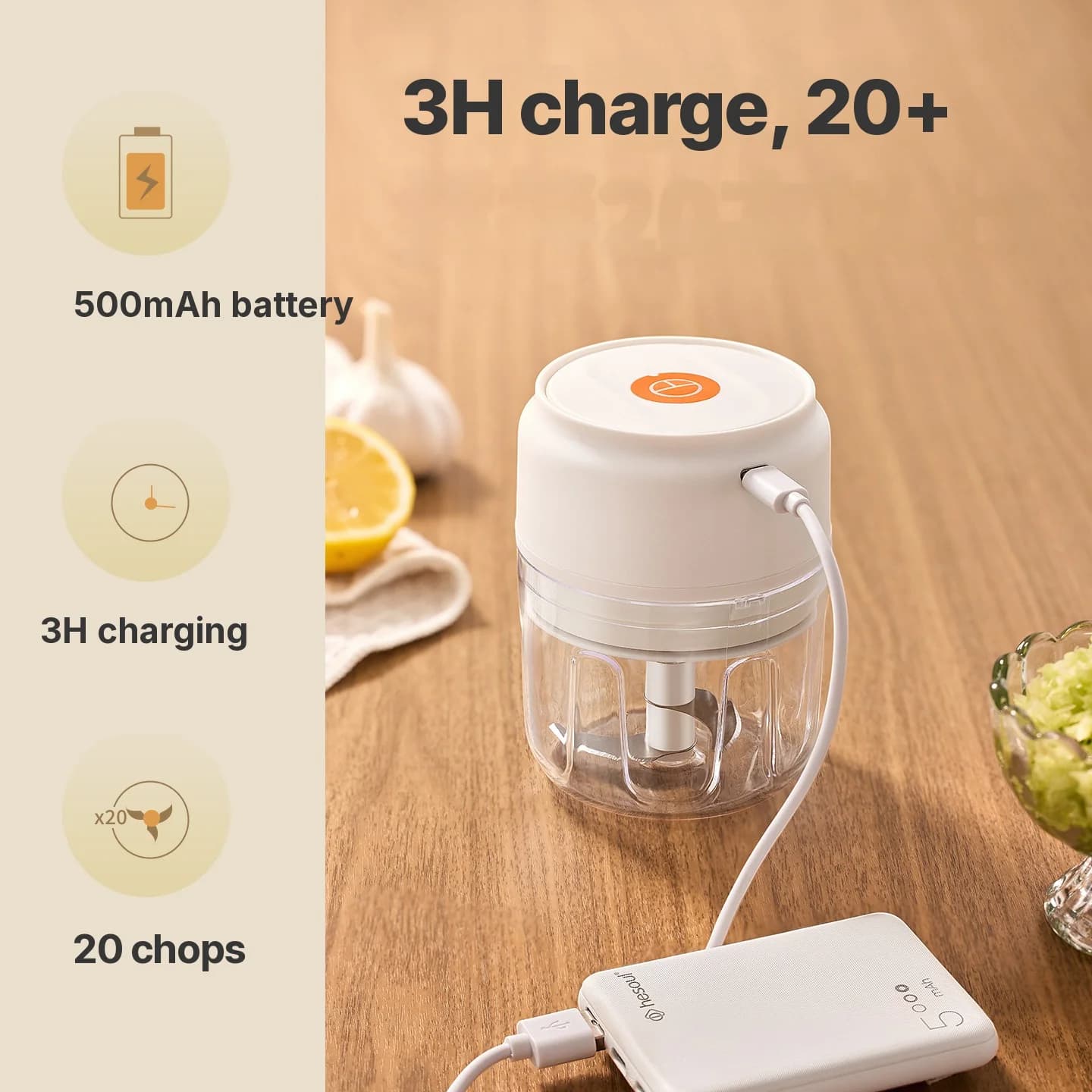 Бездротовий електричний подрібнювач часнику, 250mL, 5V, 30W, пластик
